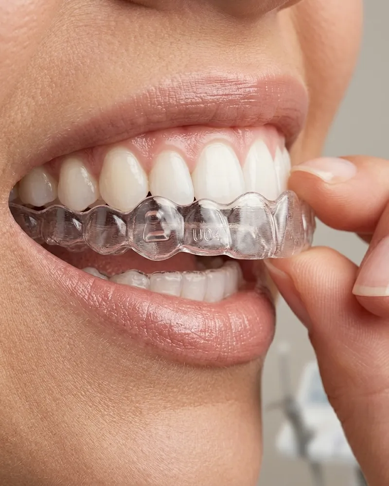 Alinhador transparente sendo encaixado nos dentes